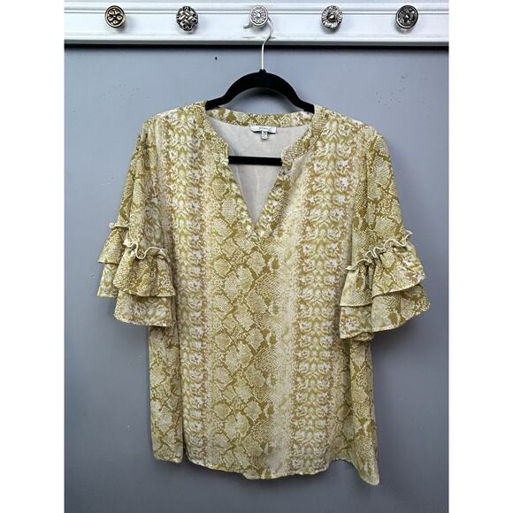 Jodifl Snakeskin‎ Top Womens Medium Flutter sleeve Blouse Green Pullover Animal - Picture 1 of 9